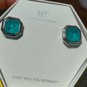 Octagon Teal Gemstone Stud Earrings with Silver-Tone Bezel